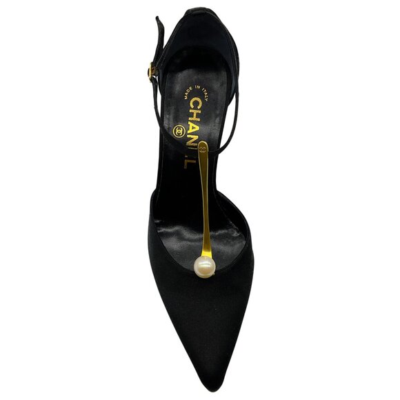 Chanel Vintage Black Satin Gold T Strap Pumps with Pearl - Picture 4 of 6